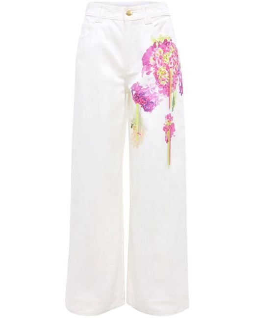 Aje. Jeans Met Bloemenprint En Wijde Pijpen in het White