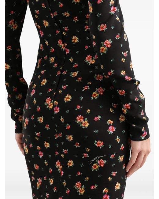 Dolce & Gabbana Black Floral Long-Sleeve Midi Dress