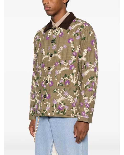 Kartik Research Green Floral-Embroidered Suede-Collar Jacket for men