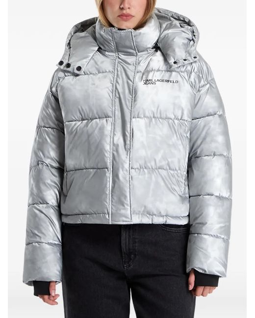 Karl Lagerfeld Gray Metallic-Effect Hooded Puffer Jacket