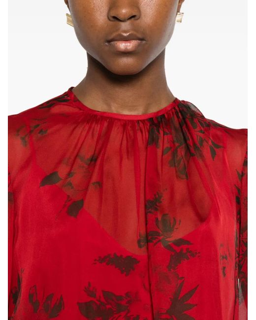 Max Mara Red Floral-Print Tie-Cuff Blouse