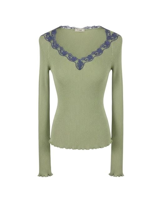 Chloé Green Lace-Trimmed Ribbed T-Shirt