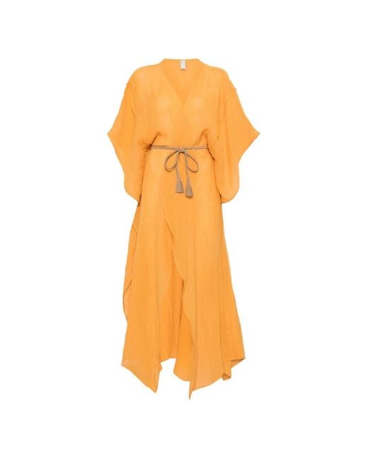 120% Lino Orange Tassel-Detail Belted Maxi Dress