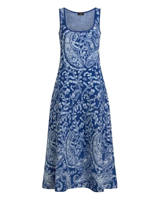Etro Blue Midi Dress With Paisley Jacquard Motif And Floral Details