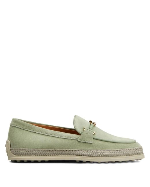 Tod's Green Rafia-Trimmed Suede Loafers