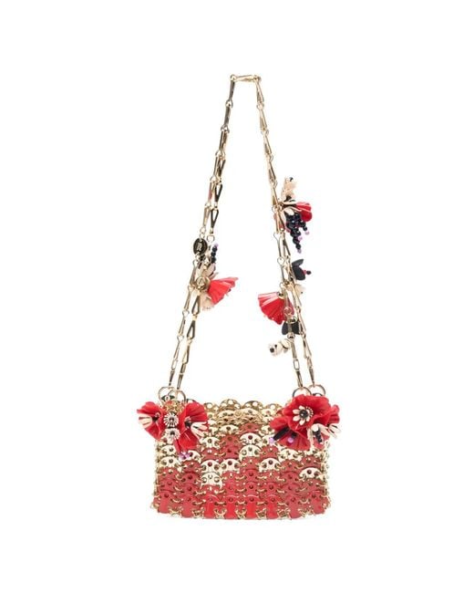 Rabanne Red Nano 1969 Floral-Appliqué Chain Shoulder Bag