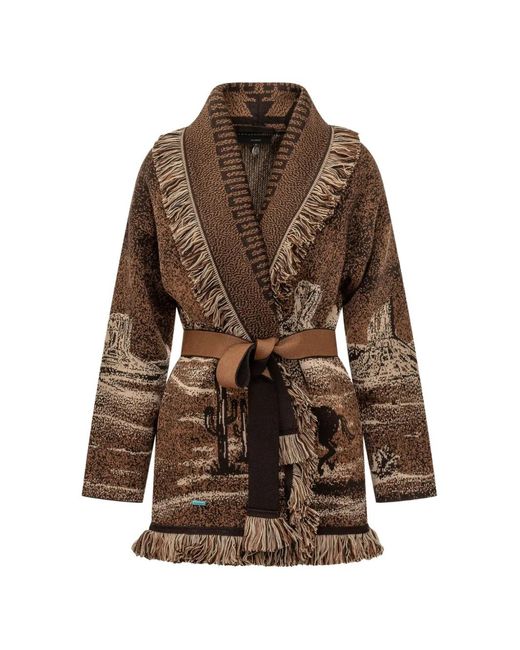 Alanui Brown Wild Wild Fringed-Trim Belted Cardi-Coat