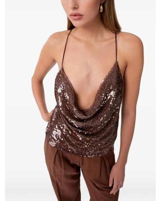 Gaelle Paris Brown Sequin-Embellished Cowl-Neck Top