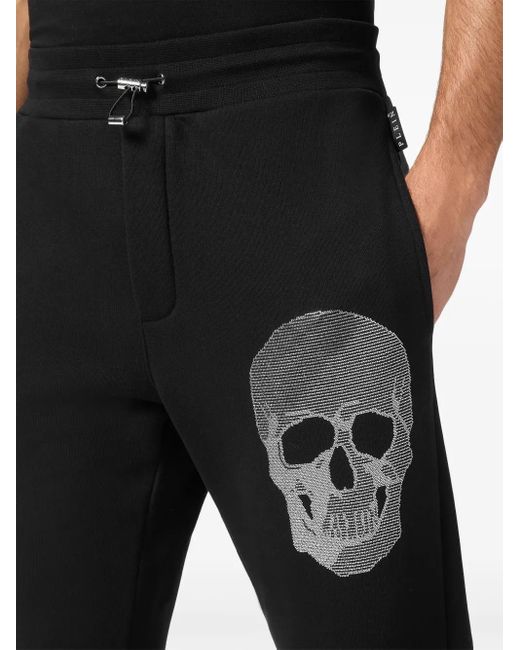 Philipp Plein Black Rhinestone-Embellished Skull Joggers for men