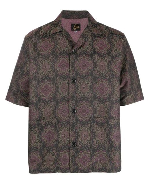 Needles Gray Geometric-Pattern Short-Sleeved Shirt for men