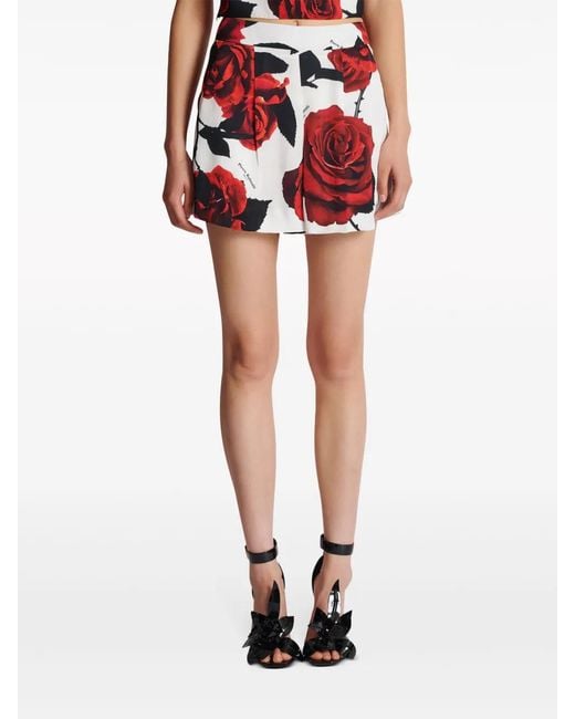Balmain Red Rose-Print Satin Shorts
