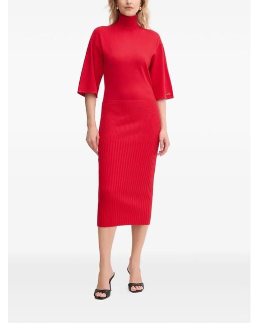 Twinset Red Turtleneck Quarter-Sleeve Midi Dress