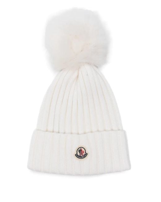 Moncler White Ribbed Pom-Pom Beanie