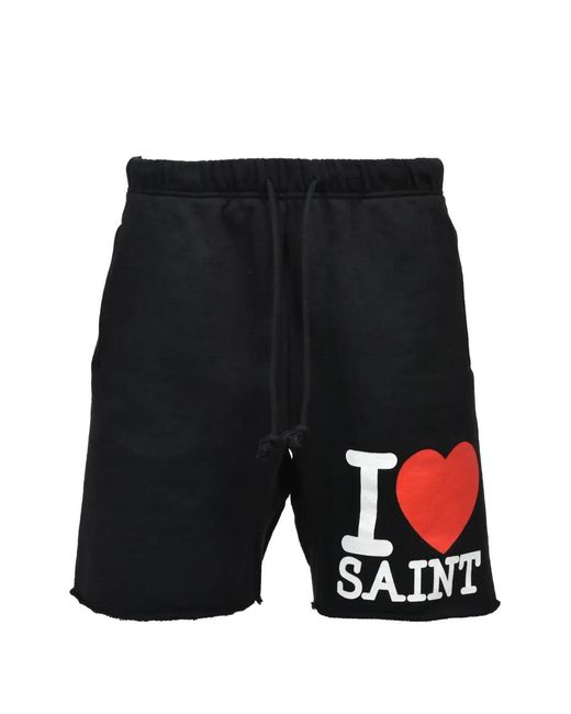 SAINT Mxxxxxx Black Graphic-Print Raw-Hem Shorts for men