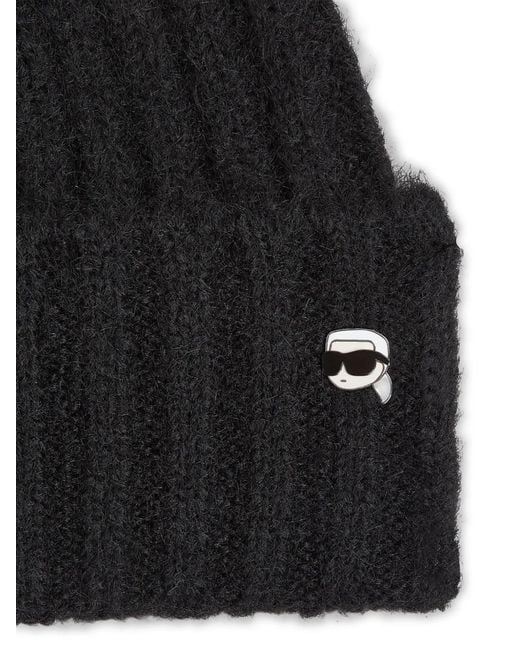 Karl Lagerfeld Black Ikon Ribbed-Knit Beanie Hat