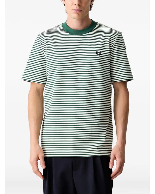 Fred Perry Green Striped Embroidered-Logo T-Shirt for men