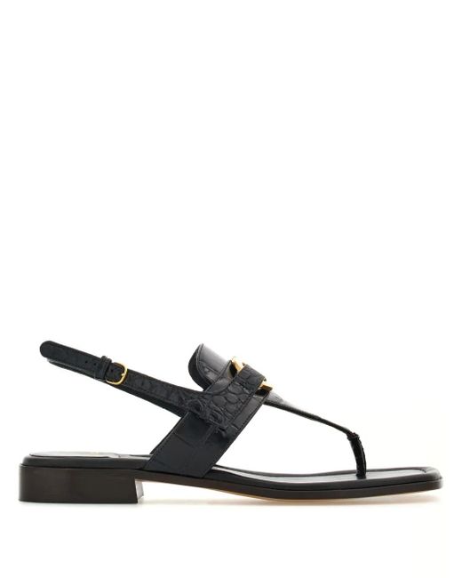 Ferragamo Black Gancini Leather Thong Sandals