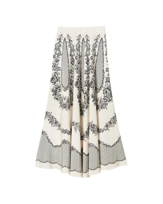 Twinset White Jacquard Satin Long Skirt With Floral And Polka Dot Pattern