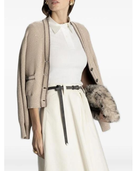 Brunello Cucinelli Natural Sequin-Embellished Ribbed Cardigan