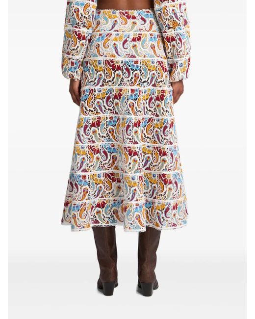 Etro White Paisley-Macramé Midi Skirt