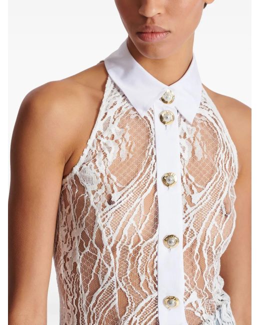 Balmain White Neckholder-Top aus Spitze