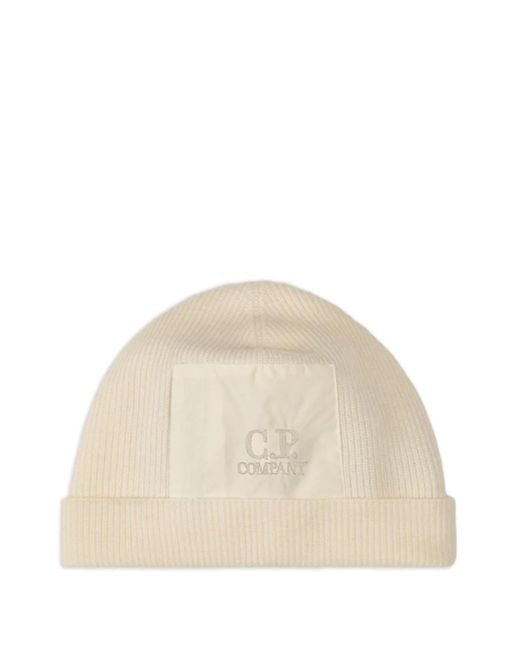 C P Company Natural Ribbed-Wool Logo-Patch Beanie Hat for men