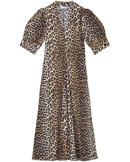 Ganni Brown Leopard-print Organic Cotton Midi Dress