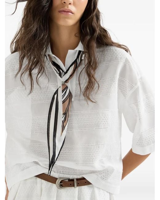 Brunello Cucinelli White Cotton Organza Broderie Anglaise Cropped Polo