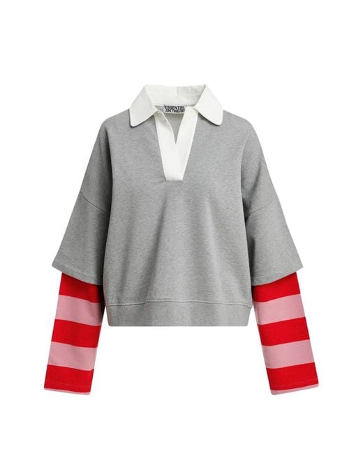 Essentiel Antwerp Gray Layered-Sleeve Polo-Collar Sweatshirt