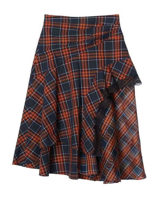 3.1 Phillip Lim Red Lace-Trim Plaid Asymmetrical Skirt