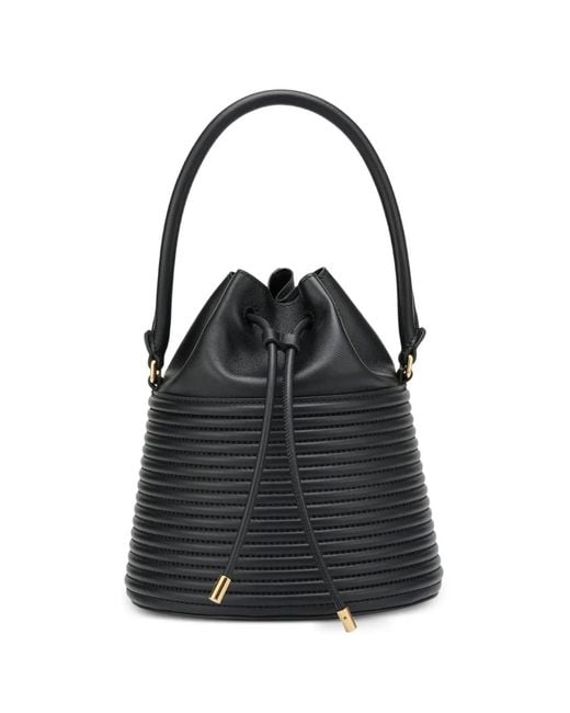 POTAMY Black Drawstring Ribbed Leather Bucket Bag