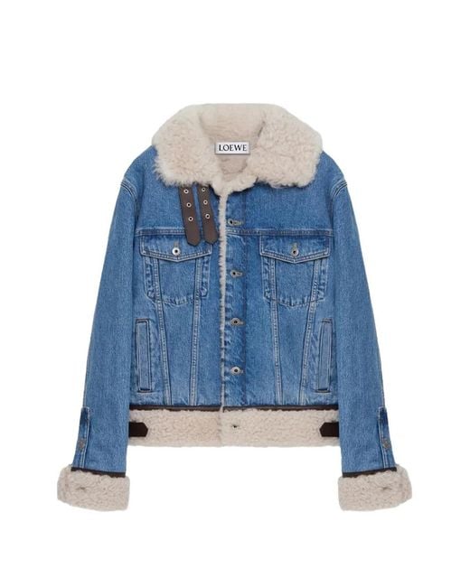 Loewe Blue Shearling-Trim Trucker Denim Jacket for men