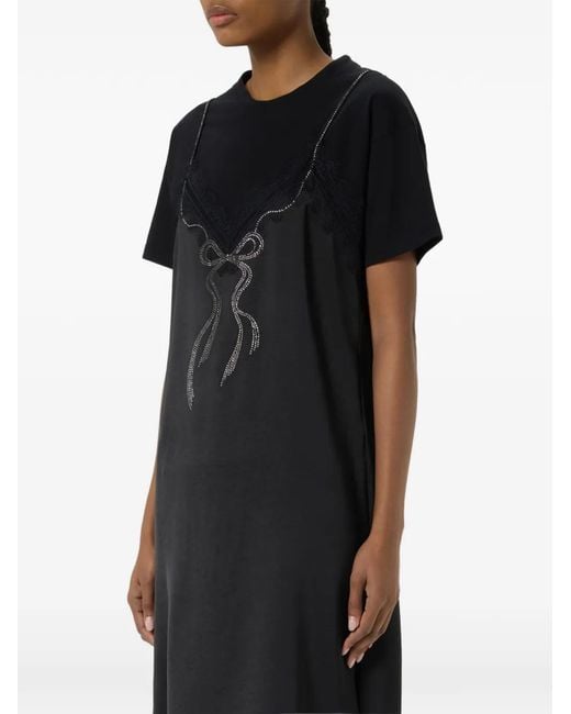 Blumarine Black Lace-Trim Rhinestone-Embellished Midi Dress