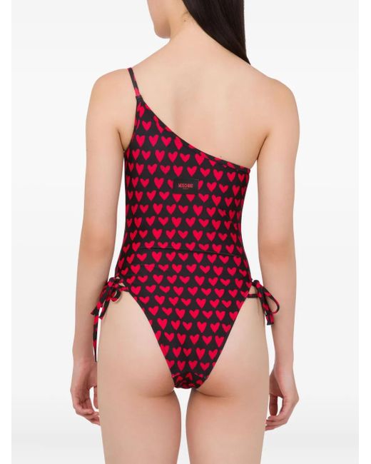 Moschino Red Heart-Print One-Shoulder Swimsuit