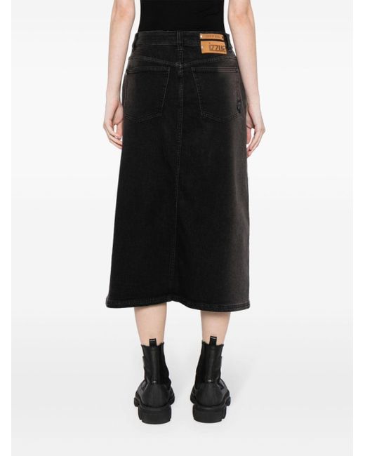 Izzue Black Belted Denim Midi Skirt