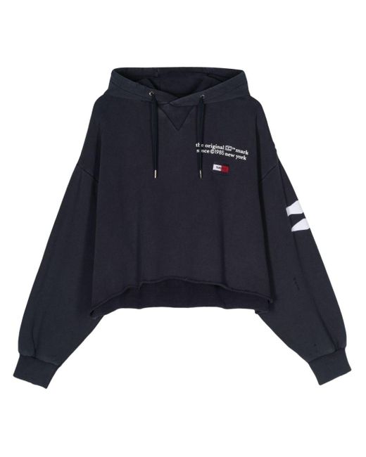 Tommy Hilfiger Blue Embroidered-logo Distressed Hoodie