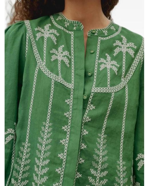 Farm Rio Green Bicolor Cross-Stich Embroidery Blouse Long Sleeve