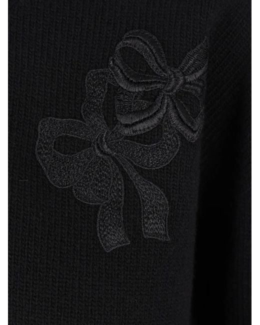 CECILIE BAHNSEN Black Bow-Embroidered V-Neck Sweater