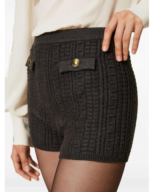 Twinset Black Knit Shorts With Metal Buttons