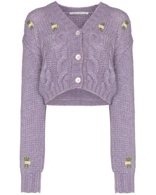 Alessandra Rich Purple Floral Detail Cropped Knit Cardigan
