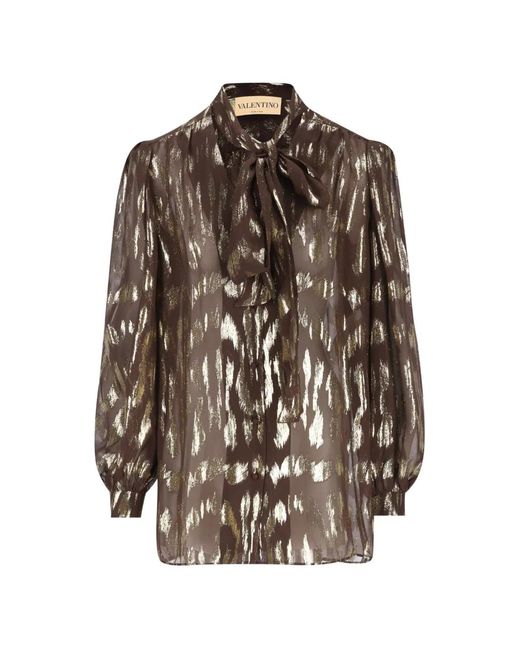 Valentino Garavani Brown Pussy-Bow Metallic-Effect Shirt