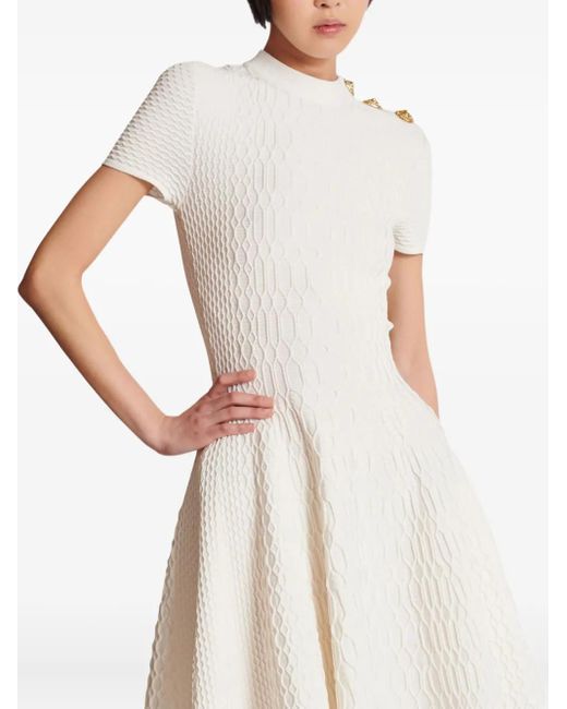 Balmain White Textured -Knit Flared Mini Dress