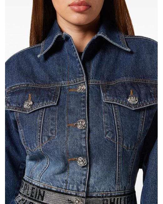 Philipp Plein Blue Crystal Cropped Denim Jacket