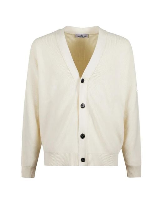 Stone Island White V-Neck Cardigan for men