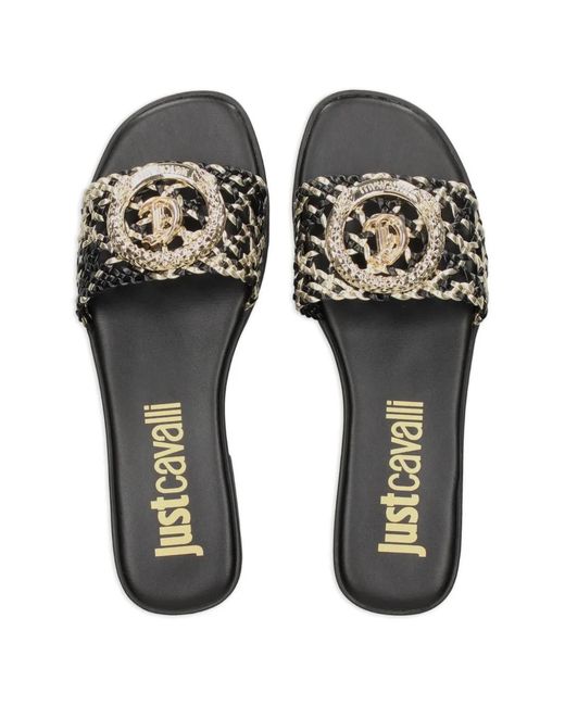 Just Cavalli White Logo-Plaque Woven Sandals