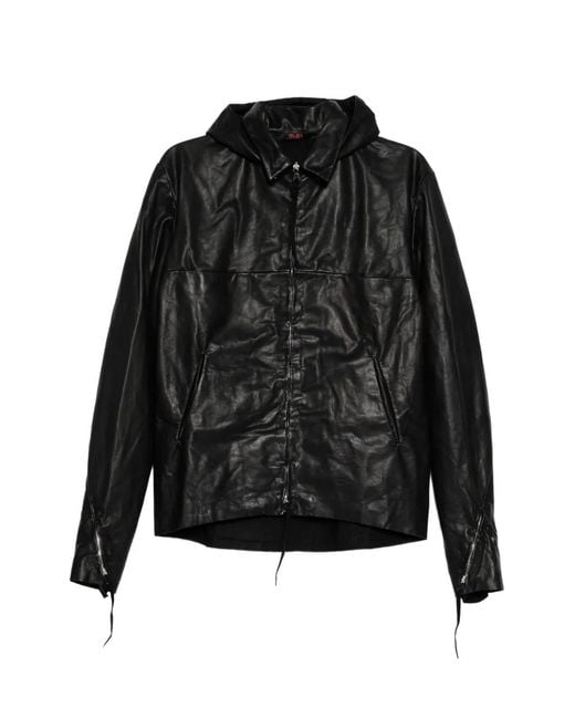 Ma+ Black Detachable-Hood Leather Biker Jacket for men