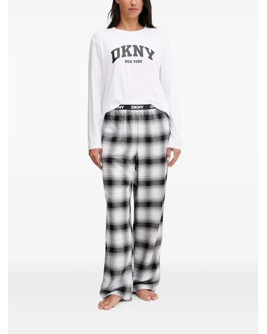 DKNY White Long-sleeve Plaid Pajama Set