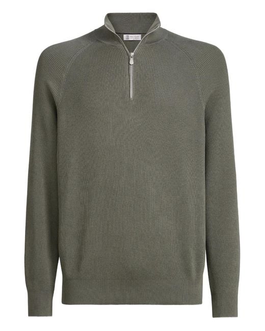 Brunello Cucinelli Geribbelde Trui Met Halve Rits in het Green voor heren