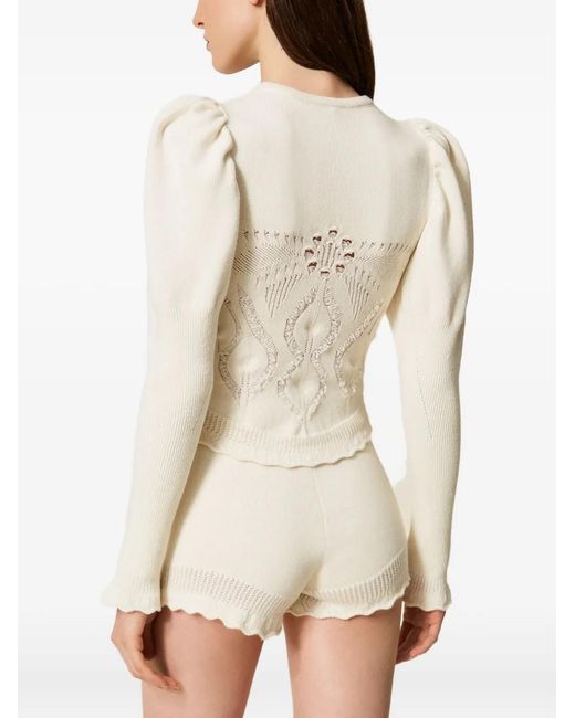 Twinset Natural Open-Knit Puff-Sleeve Jumper