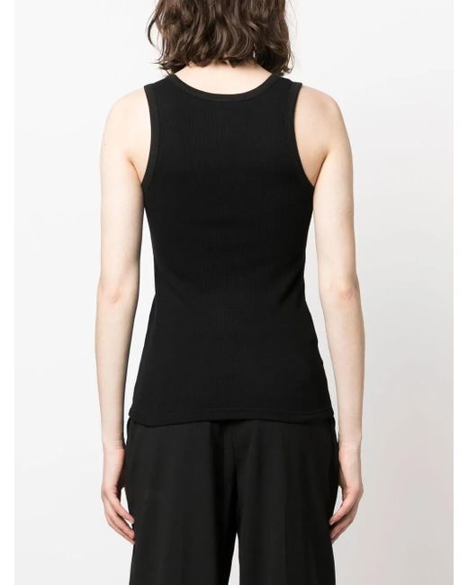Pinko Black Ribbed Tank Top With Front Logo Embroidery In Stretch Cotton Woman